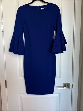 Calvin Klein Cobalt Blue Tiered Bell-Sleeve Boat Neck Sheath Dress Size 2